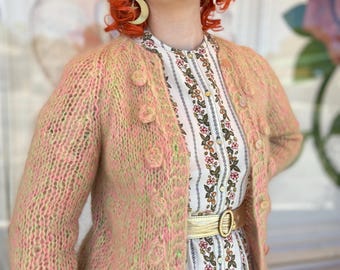 1950er Jahre italienische Handgestrickte Wolle Mohair Pink & Lime Strickjacke