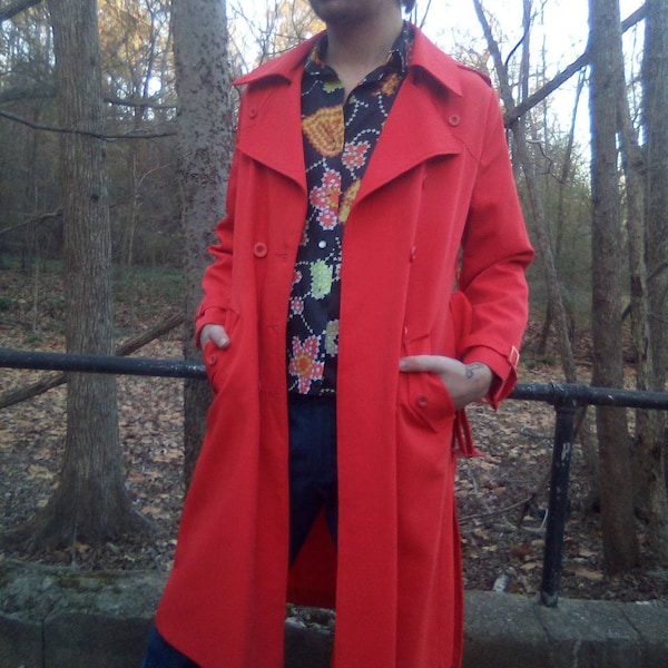 Red 1970's Trench All Weather Coat with Belt and Slanted Side Pockets/Lanson Brand