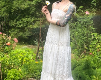 1960s / 1970s White Seersucker Sundress w/ Crochet by ACT 1 New York