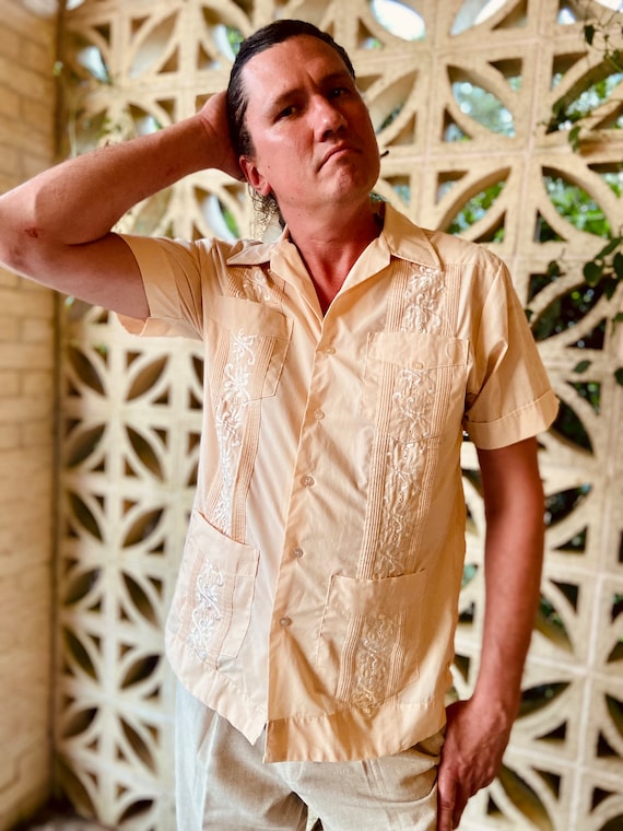 Embroidered Peach Guayabera Mexican Wedding Cuban 