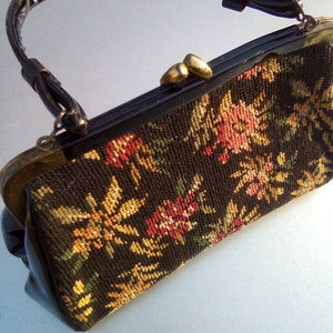 Needlepoint 1950's Floral & Vinyl Carpet Bag Purse image 7