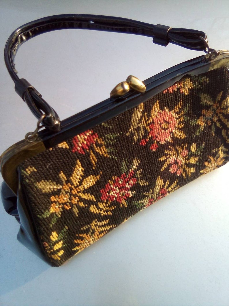 Needlepoint 1950's Floral & Vinyl Carpet Bag Purse image 7