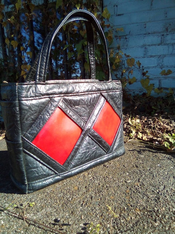 1960's /70's Black Leather With Red Inlay Purse B… - image 2