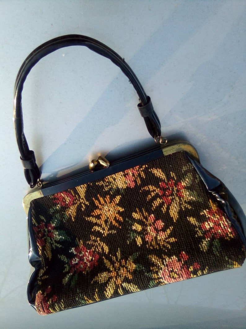 Needlepoint 1950's Floral & Vinyl Carpet Bag Purse image 5