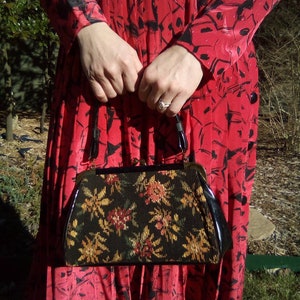 Needlepoint 1950's Floral & Vinyl Carpet Bag Purse image 1