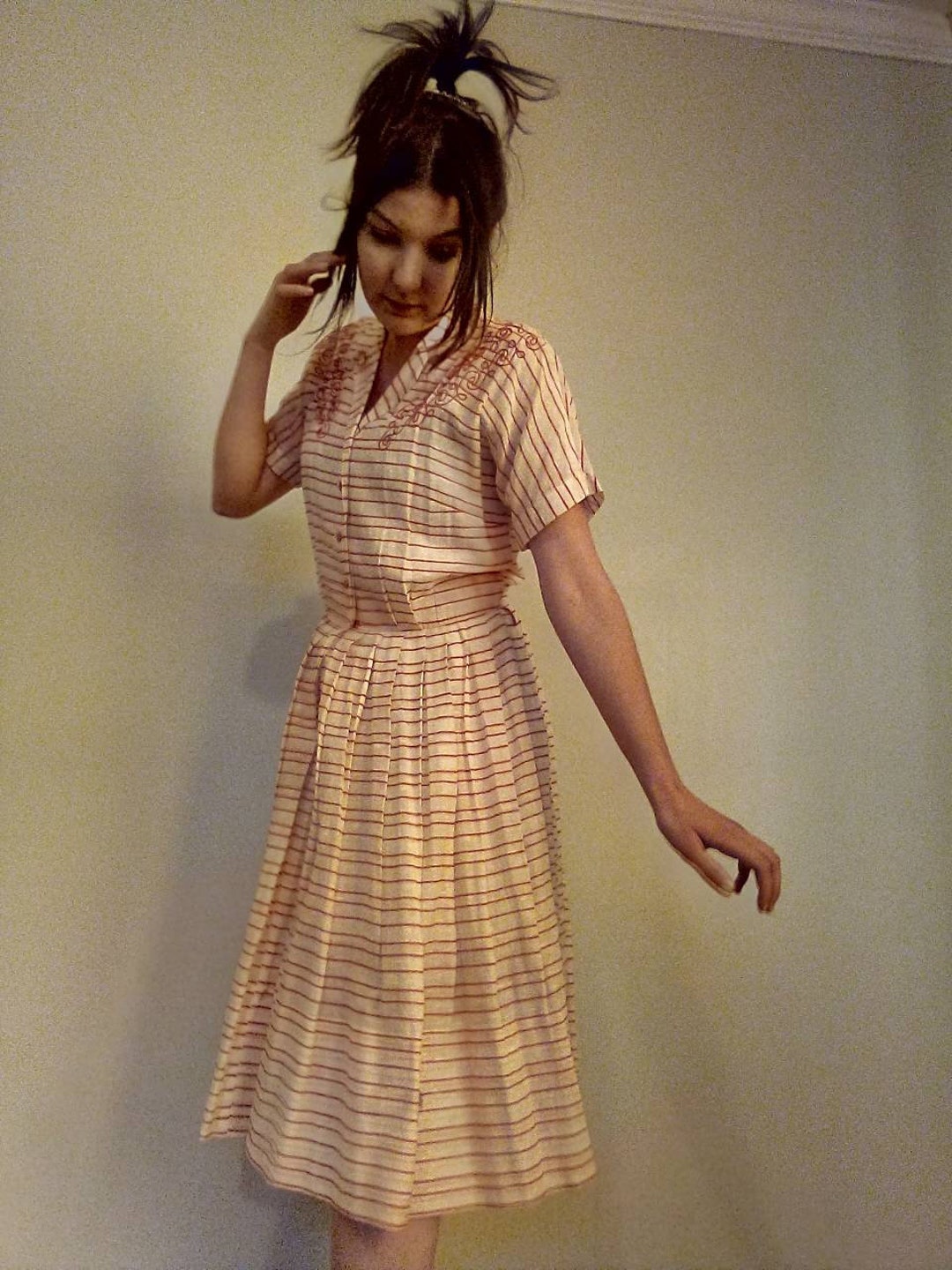 1940s Nelly Don Sun Dress: Sheer Cotton Striped Embroidered