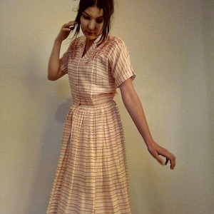 1940s Nelly Don Sun Dress: Sheer Cotton Striped Embroidered Vintage Dress