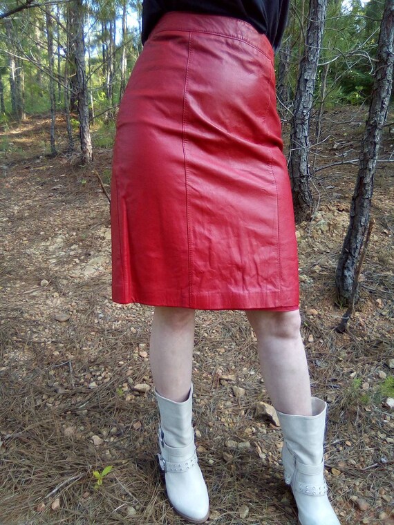 Red Leather Pencil Skirt /David Benjamin/80's/90'… - image 2