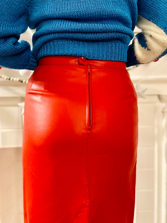 1980s Red Leather Midi Skirt - image 3