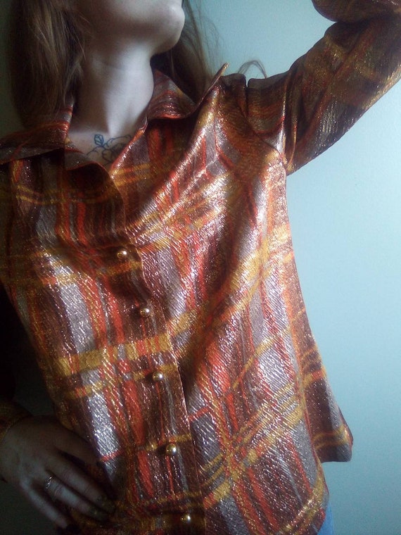 1970's Sparkle Disco Plaid Blouse with Gold Butto… - image 4