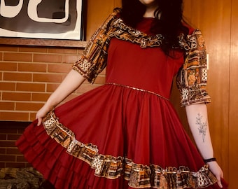 Burgundy, Gold, & Patchwork Print Country Square Dancing 1980s Vintage Western Dress