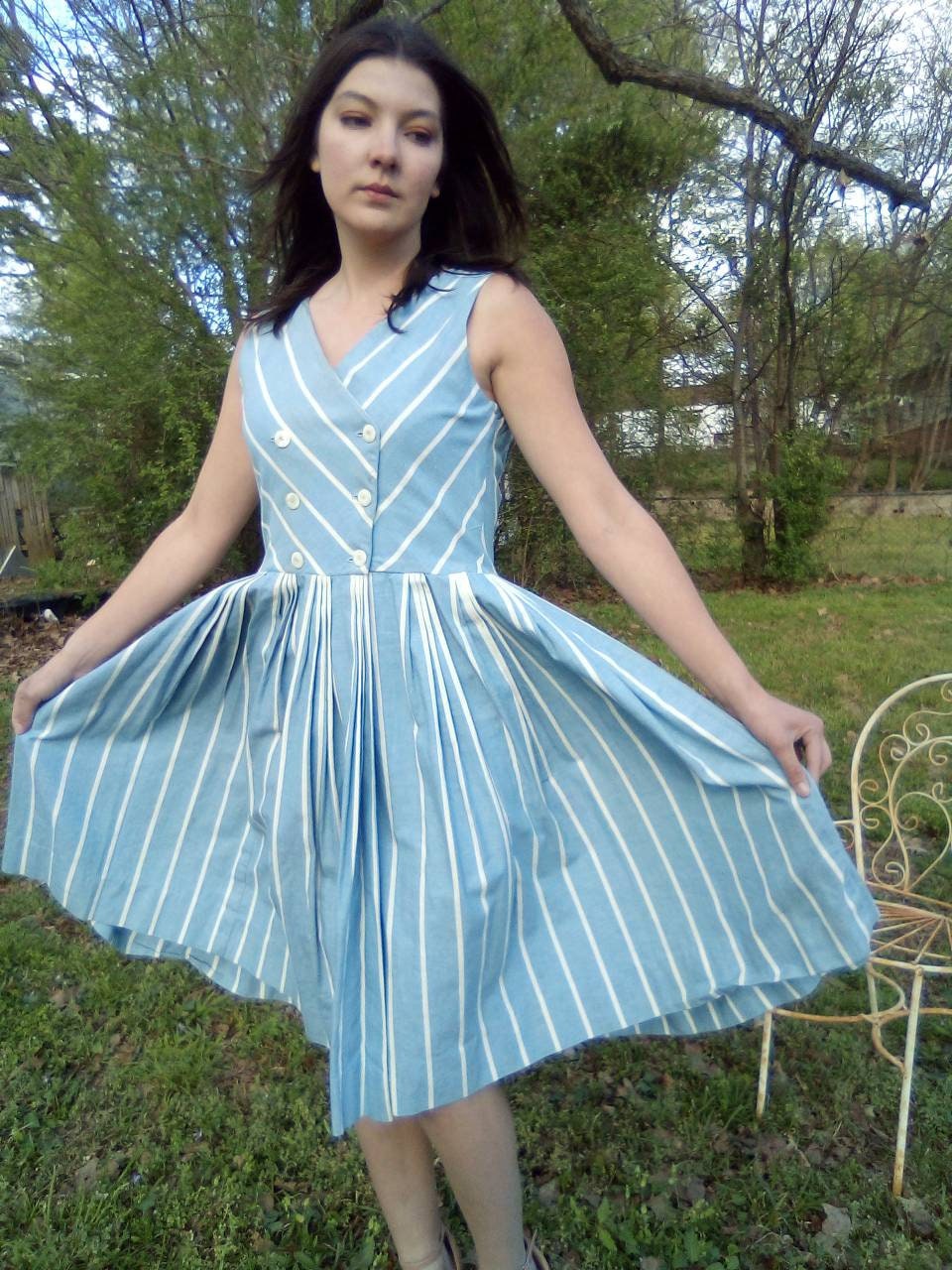 1950's Blue and White Striped Thick Cotton Sailor Dress 1950's Blue and White Striped Thick Cotton Sailor Dress