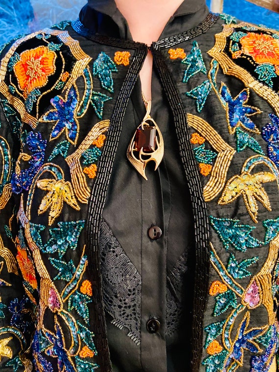 Black Silk & Velvet Beaded Sequin Cropped Jacket - image 10