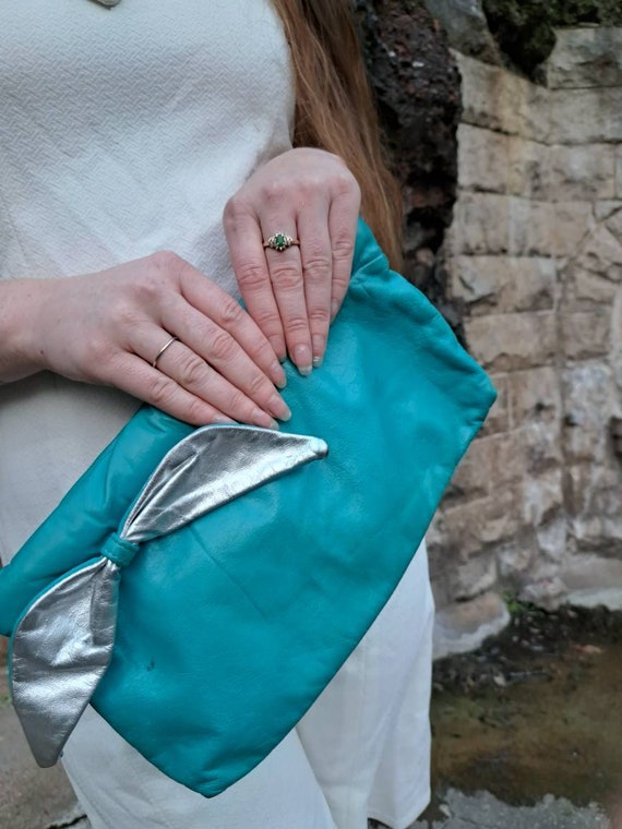 1980's Clutch Purse/Turquoise with a Silver Bow