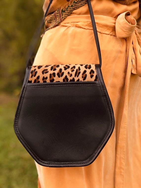 1980s / 1990s Hexagon Leopard Print Cowhide Black… - image 5