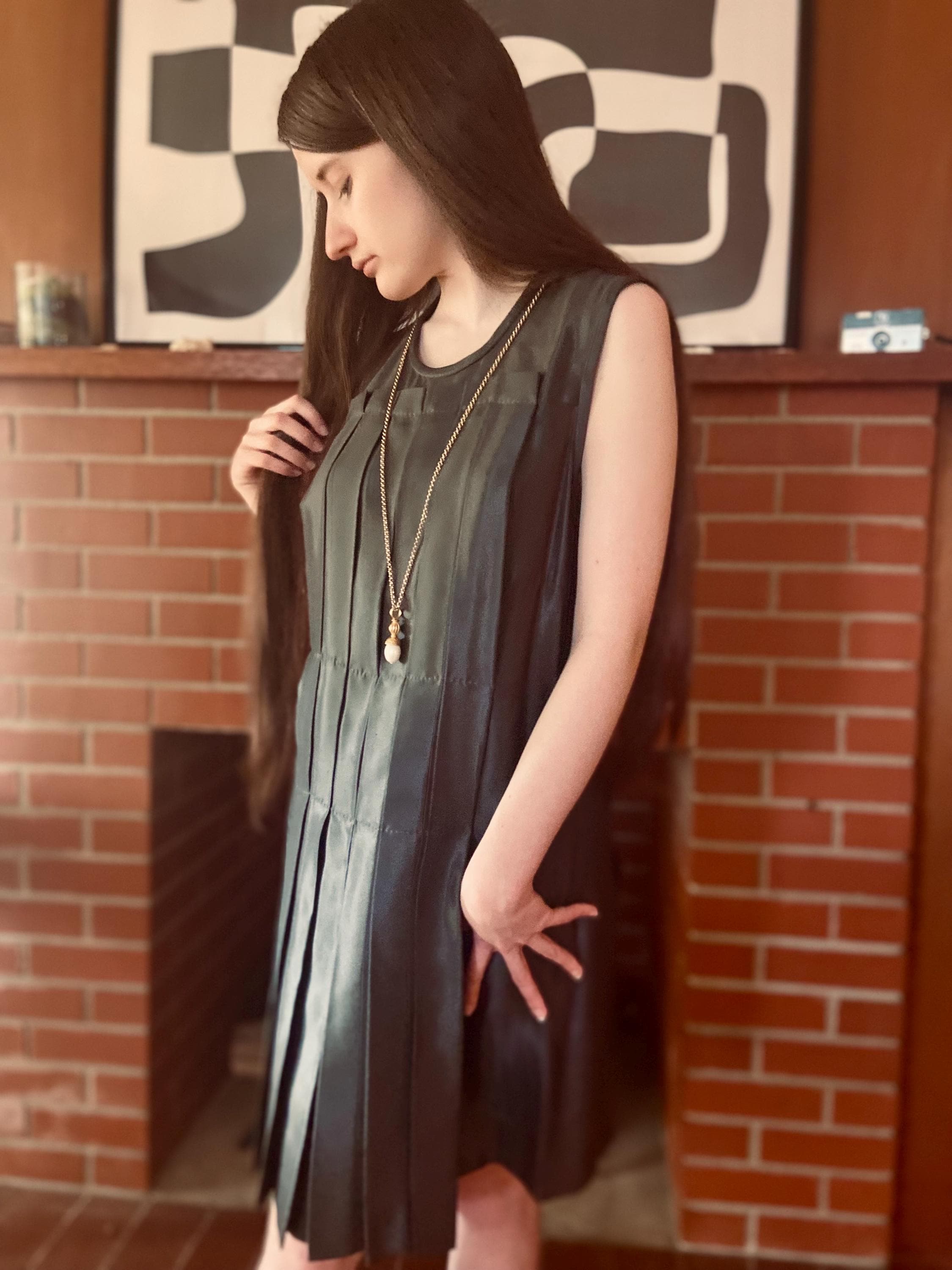 Louis Vuitton, Louis Vuitton Minimalism Pleated Charcoal Gray Silk Shift Dress