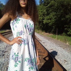 Purple Flowers and Polkadot  1980's Strap Dress/ Elastic Waist Handmade Vintage