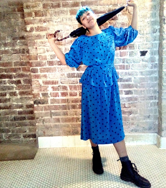 Lady Carol Vintage 80s Blue Pop Art Dress: Ruffle Skirt, Poof Sleeves