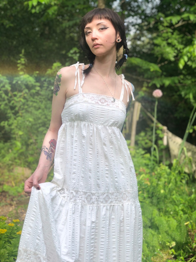 1960s / 1970s White Seersucker Sundress w/ Crochet by ACT 1 New York image 3