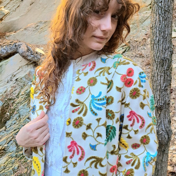 Neiman-Marcus Tapestry Jacket/1960's Vibrant Floral Design/No Closure