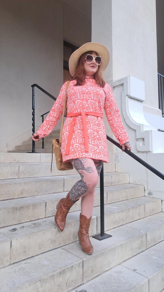 1960s Mod Floral Mini Dress: Tangerine Dress/Mini Dress/ Mod Dress