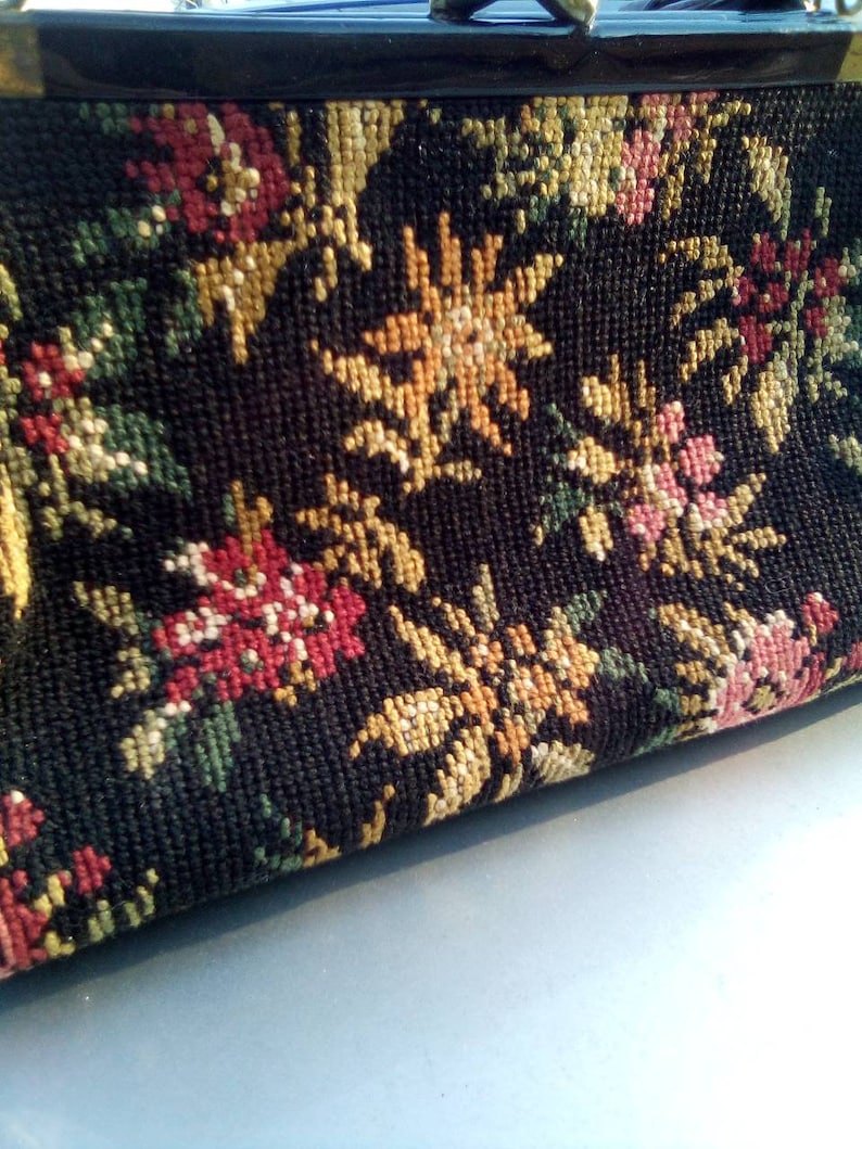 Needlepoint 1950's Floral & Vinyl Carpet Bag Purse image 2