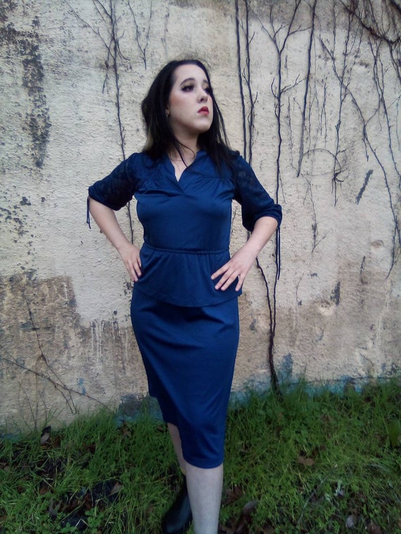 1970's Peplum Skirted Dress/Sheer Lace Sleeves