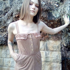 1970&#39;s Soft Felt Strap Dress/ Accented with Daisy Eyelet Flap Front/ Side Pockets/ Elastic Waist