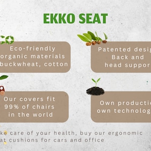 May include: An advertisement for EKKO SEAT ergonomic seat cushions. The image highlights eco-friendly materials, patented back and head support, and covers that fit most chairs. Text promotes health and use in cars and offices.