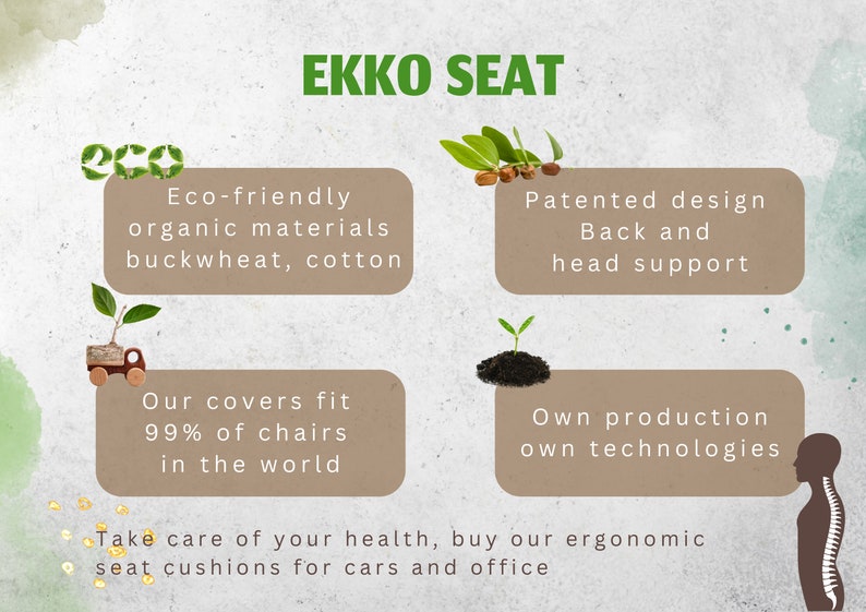 May include: An advertisement for EKKO SEAT ergonomic seat cushions. The image highlights eco-friendly materials, patented back and head support, and covers that fit most chairs. Text promotes health and use in cars and offices.