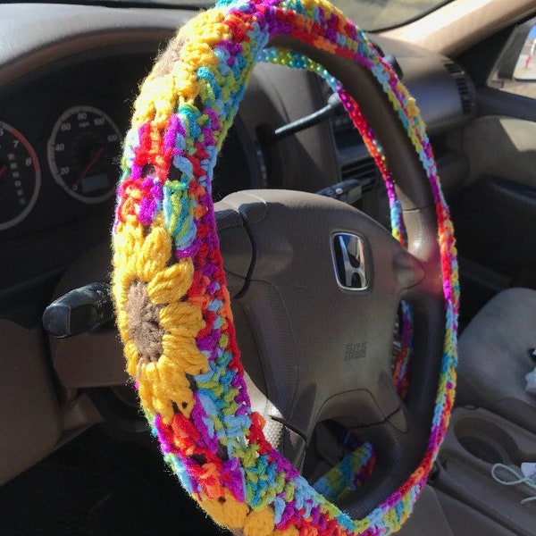 Handmade sunflower steering wheel cover