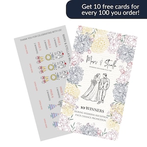 May include: Two wedding-themed cards. One card features a floral design with the names "Marv & Stella" and an illustration of a bride and groom. The other card is gray with prize details. Text includes "Get 10 free cards for every 100 you order!"