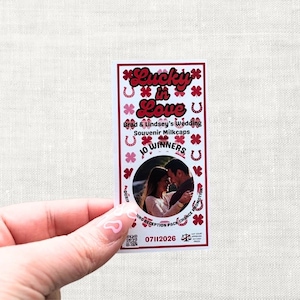 Recuerdos de boda personalizados con lengüetas para abrir / Juego para la recepción de la boda / Tapas de leche de recuerdo personalizadas / Suerte en el amor / Hecho a mano en el Medio Oeste / 25 50 100 150