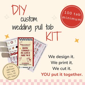 Könnte beinhalten: Ein DIY-Set für personalisierte Hochzeits-Loskarten mit einer zentralen Spielkarte, die den Text 'HOW LUCKY IN LOVE ARE WE' und 'MARU & STELLA'S' trägt. Das Set enthält bedruckte Spielbögen mit verschiedenen Symbolen und einen Hinweis auf 100 Laschen.