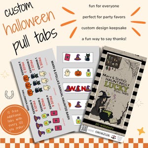 May include: Three rectangular Halloween-themed pull tab game cards featuring illustrations of witches, pumpkins, ghosts, and potions. The cards display text including Marv & Stella's Annual Haunted Bash, Marv & Stella's Hauntingly Lucky Pull Tabs, and 20 winners. The design incorporates black, white, orange, and purple colors with various prize tiers listed.