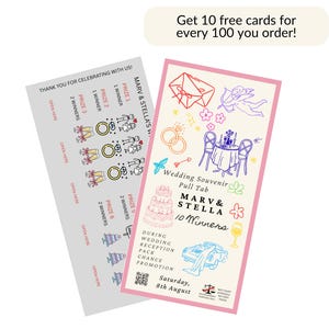 Puede incluir: Dos tarjetas de rascar con temática de boda. Una es gris con texto e ilustraciones, la otra es rosa con dibujos coloridos de elementos de boda, incluyendo una tarta, anillos y un coche. El texto en la tarjeta rosa dice "Wedding Souvenir Pull Tab" y "MARV & STELLA".