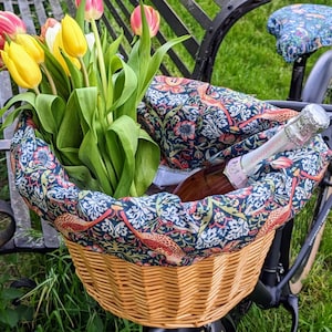 Handmade bicycle basket's bag and seat cover Strawberry Thief pattern William Morris designer feminine woman spring birthday Mother's Day image 1