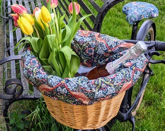 Handmade bicycle basket's bag and seat cover Strawberry Thief pattern William Morris designer feminine woman spring birthday Mother's Day