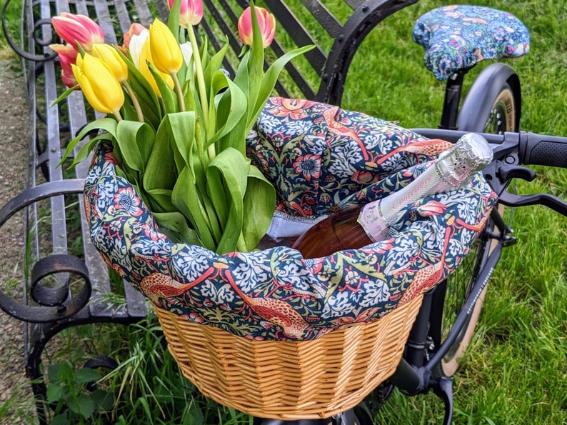 Handmade bicycle basket's bag and seat cover Strawberry Thief pattern William Morris designer feminine woman spring birthday Mother's Day image 1