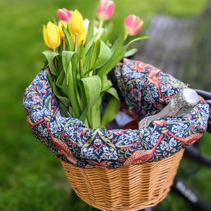 Handmade bicycle basket's bag and seat cover Strawberry Thief pattern William Morris designer feminine woman spring birthday Mother's Day image 5