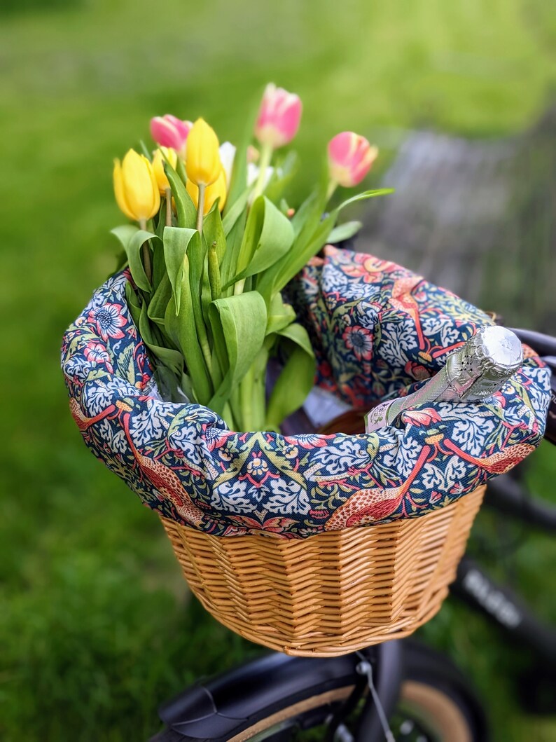 Handmade bicycle basket's bag and seat cover Strawberry Thief pattern William Morris designer feminine woman spring birthday Mother's Day image 5