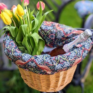 Handmade bicycle basket's bag and seat cover Strawberry Thief pattern William Morris designer feminine woman spring birthday Mother's Day image 2