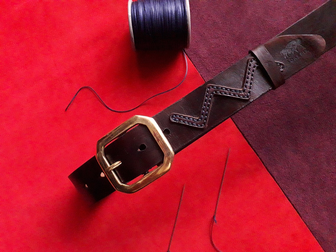 Hand stitch leather belt unique belt zig zag leather belt Etsy