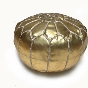 Gold Moroccan Round Leather Pouf **20% OFF** Gold Moroccan pouf - Embroidered Leather Pouf - Moroccan Leather Pouf - Ottoman Moroccan Pouffe