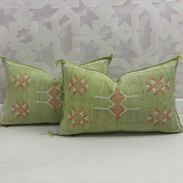 cover Green Pillows silk 13x20 , Cactus Silk pillow ,  Lumbar Cushion Handmade Cactus Silk Moroccan Sabra Decorative , Decorative Pillow