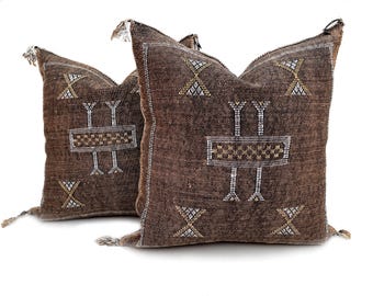 Funda de almohada de seda con cactus marroquí hecha a mano (20 x 20 cm) – Decoración bohemia