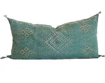 Green Cactus Silk Pillow Cover: Moroccan Berber Lumbar Cushion (20x40 Unstuffed)