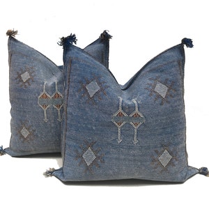 Blue silk pillow,20*20 inch Moroccan Sabra cushion, handmade silk pillow , Berber Sabra cushion, Pillow Throw, Moroccan Lumbar Sabra cover.
