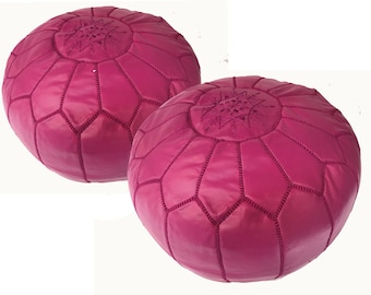 Embroidered Pink Leather Pouf: Moroccan Living Room Decor (Empty)