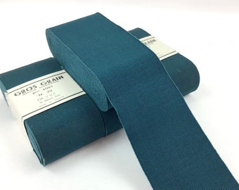 Vintage grosgrain ribbon 66 mm Made in France Rayon & Cotton Color petrol blue